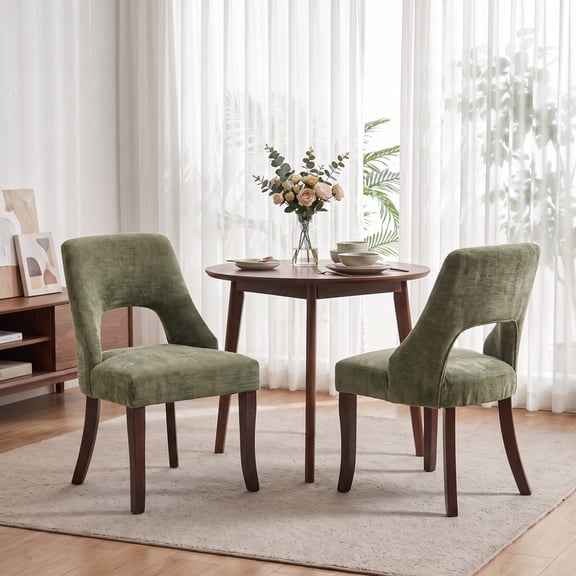 iooHug Set of 2 Chenille Dining Chairs with Elegant Cutout Back & Curved Solid Wood Legs, Mid-Century Modern Kitchen Chairs for Dining Room, Cafe & Restaurant