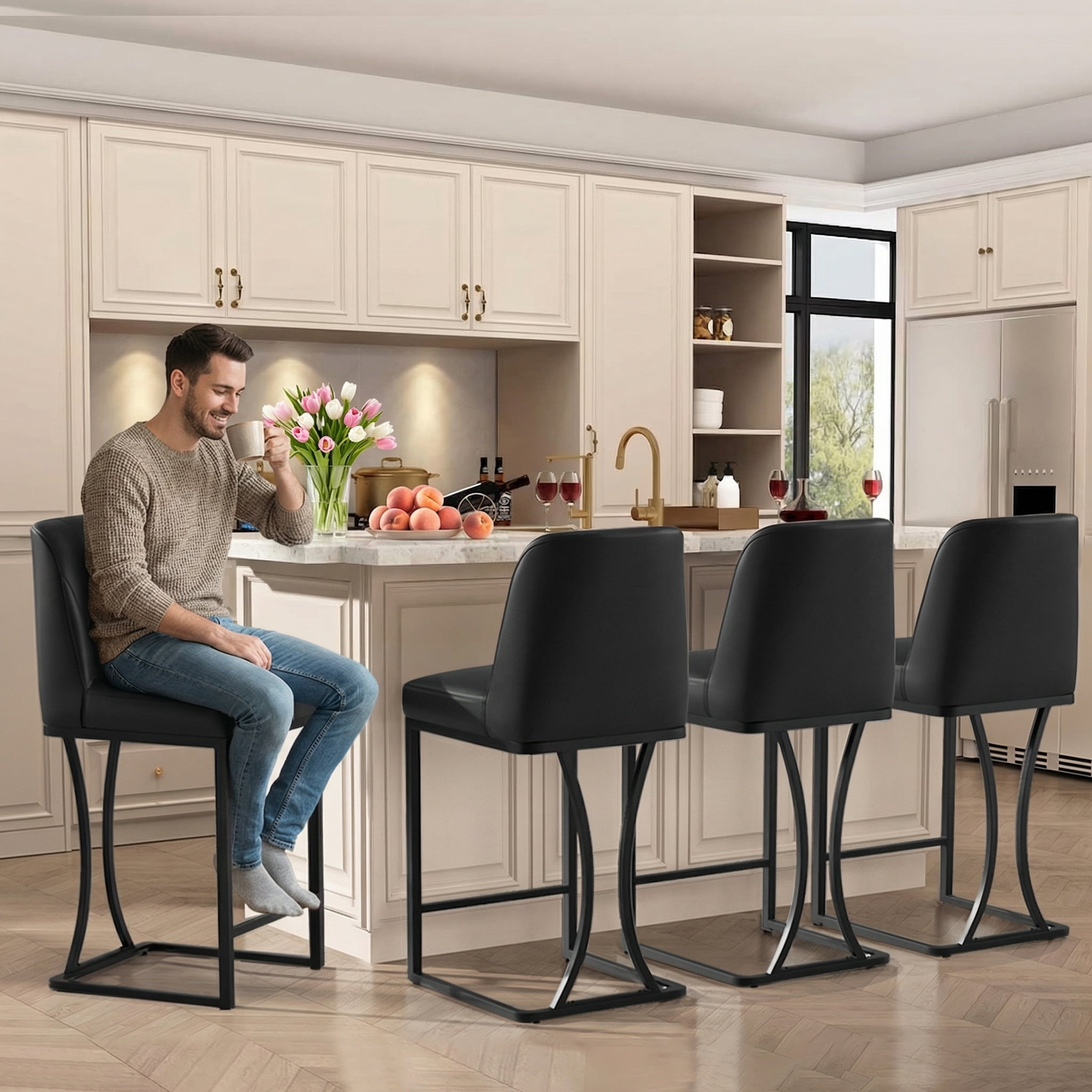 iooHug Set of 4 Black Bar Stools, 24" Counter Height Bar Stools, Faux Leather Bar Chairs with Back and Black Footrest, Modern Kitchen Island Stools for Dining Room or Bar Area