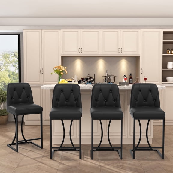 iooHug Set of 4 Black Bar Stools, 24" Counter Height Bar Stools, Faux Leather Bar Chairs with Back and Black Footrest, Modern Kitchen Island Stools for Dining Room or Bar Area