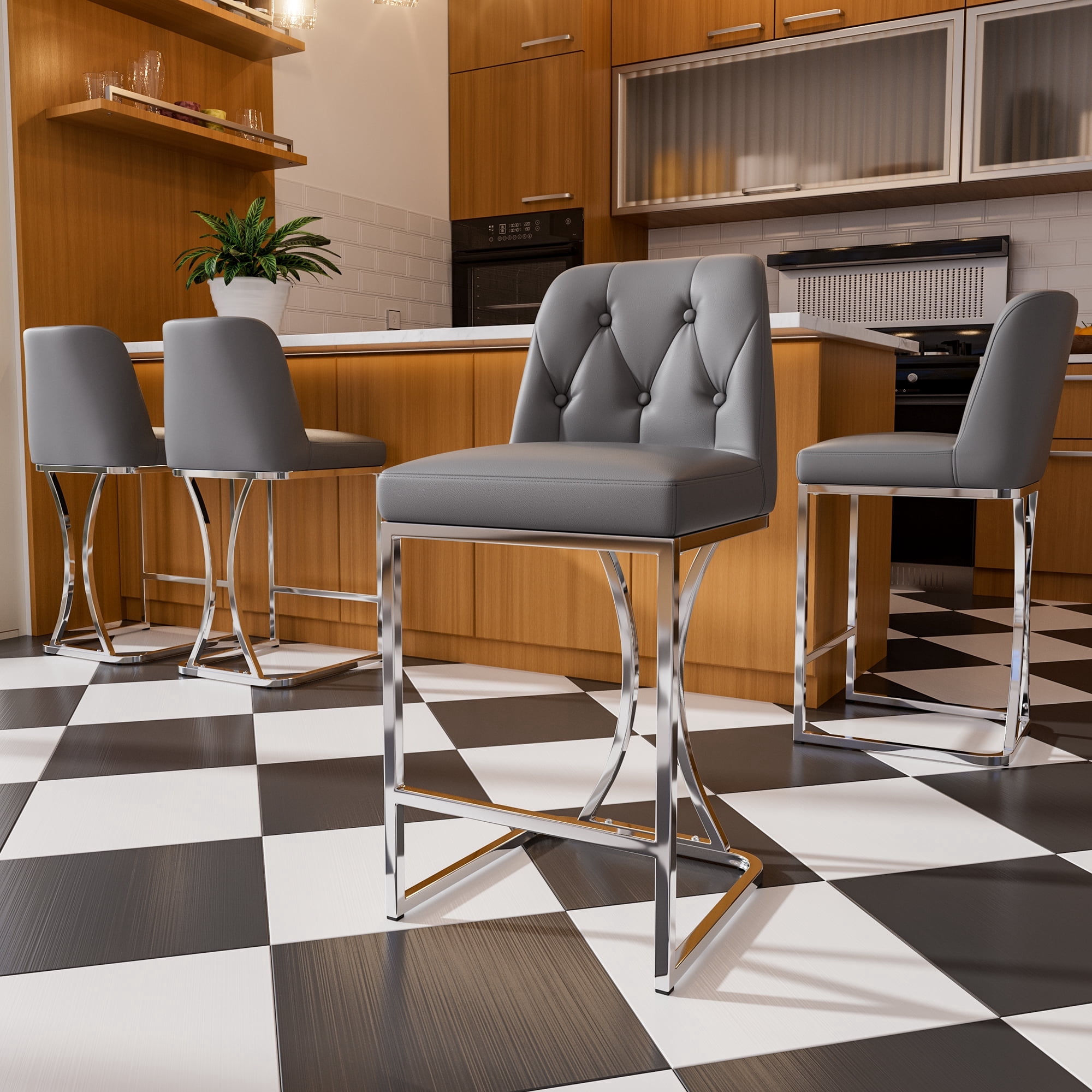 iooHug Set of 4 Gray Counter Height Bar Stools, 24" PU Leather Kitchen Island Chairs with Back and Sliver Metal Legs, Modern Bar Chairs for Home or Cafe