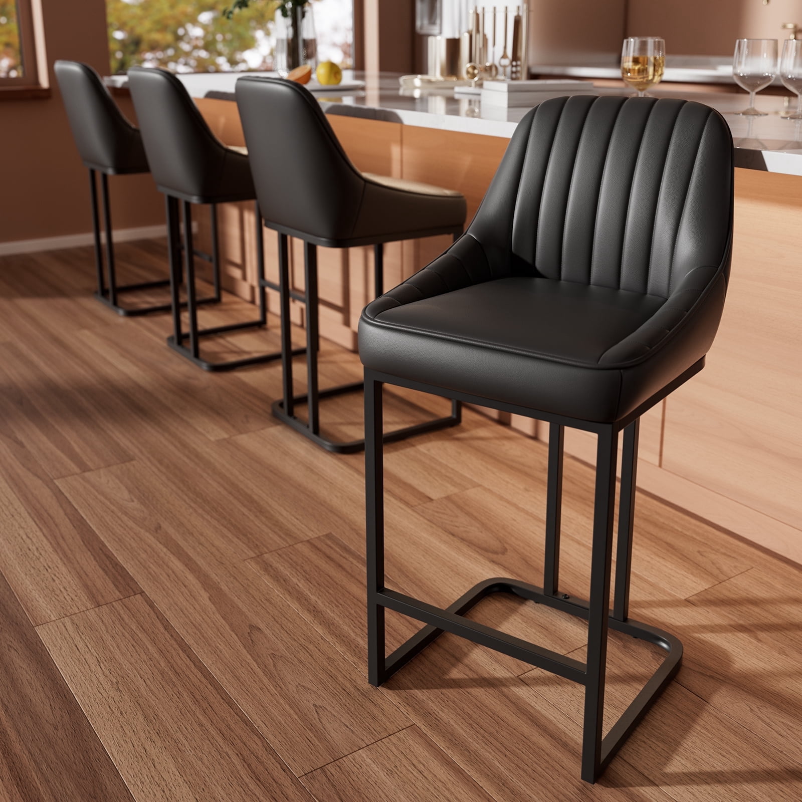iooHug Set of 4 Modern Bar Stools with Metal Legs and Footrest, 24” Upholstered Counter Height Chairs, PU Leather Bar Chairs for Kitchen Island, Black