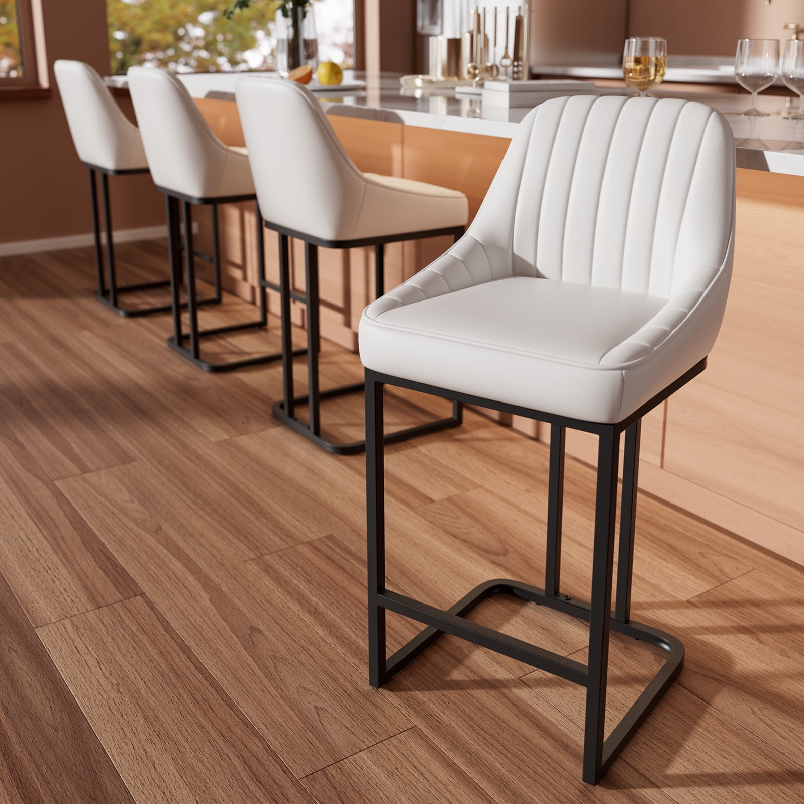 iooHug Set of 4 Modern Bar Stools with Metal Legs and Footrest, 24” Upholstered Counter Height Chairs, PU Leather Bar Chairs for Kitchen Island, White