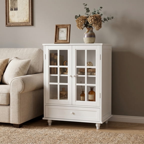 iooHug Simple modern style double-layer glass door and drawer buffet cabinet, wooden storage side cabinet - suitable for living room, dining room or entrance of corridor（White）