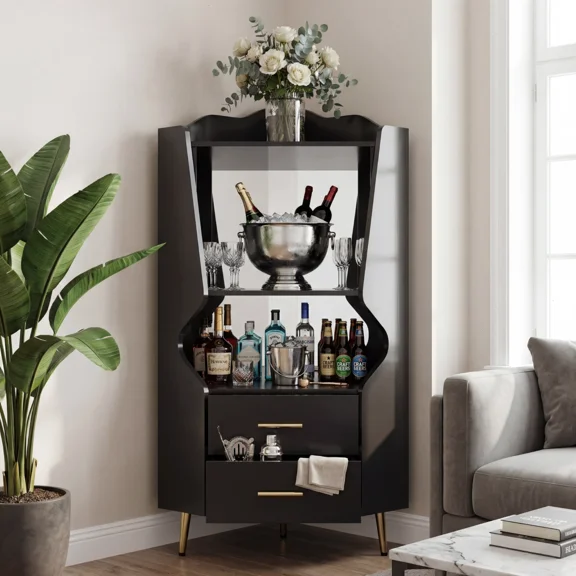 iooHug Wooden Corner bar cabinet with 2 open storage shelves and 2 drawers, mirrored back sideboard cabinet, high feet/legs for easy cleaning, buffet cabinet BLACK