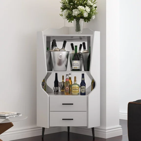 iooHug Wooden Corner bar cabinet with 2 open storage shelves and 2 drawers, mirrored back sideboard cabinet, high feet/legs for easy cleaning, buffet cabinet WHITE