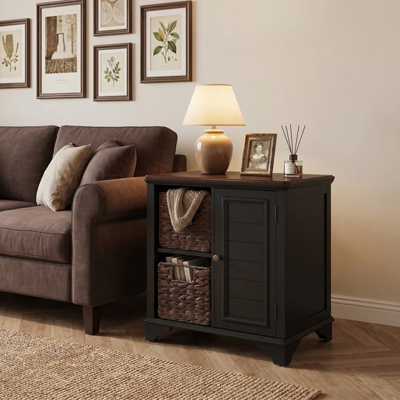 iooHug modern bedside table also serves as a side table and comes with two woven grass baskets, suitable for both bedrooms and living rooms.(Black)