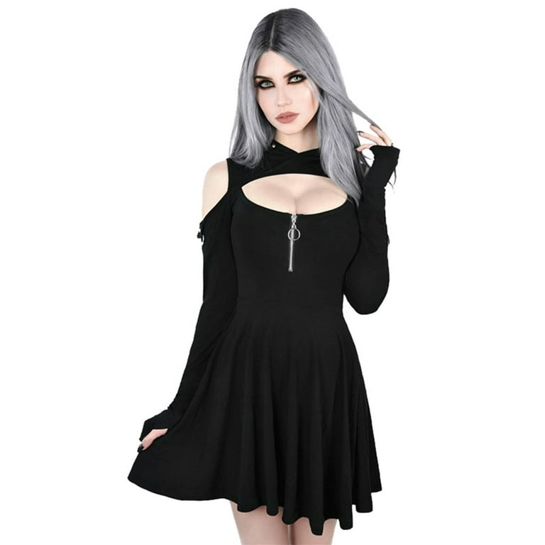 iopqo black dresses for women fashion gothic pure color hooded low
