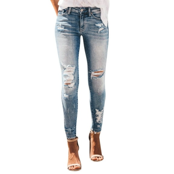 iopqo jeans for women casual women skinny ripped jeans distressed denim pants hole bottoms blue + xl