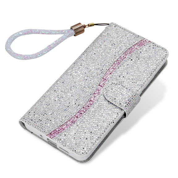 For iphone 12 Case, iphone 12 Pro Case, Girly Bling Glitter Card/Credit Slot Wallet Case, Magnetic Wrist Hand Strap Shockproof Folio Stand PU Leather Shell For iphone 12/12 Pro, Blue