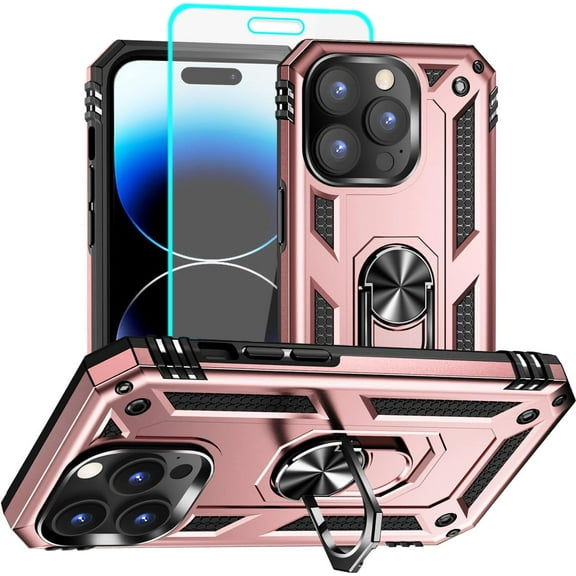 for iphone 14 Pro Case, iphone 14 Pro Phone Case with HD Screen Protector, [Military Grade 16ft. Drop Tested] Ring Shockproof Protective Phone Case for iphone 14 Pro,Rose Gold