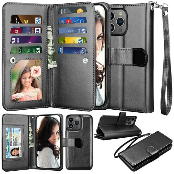 iphone 15 Plus Phone Case, Leather Wallet Case for Apple iphone 15 Plus, Ebizware Credit Card Cash Holder Folio Flip [Detachable] Kickstand Magnetic Cover & Lanyard for Women Men [Black]