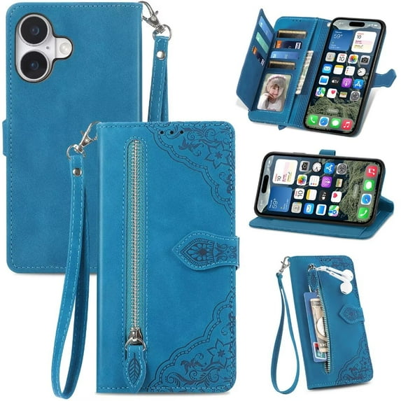 for iphone 16 6.1 inch Case, Wallet for Women Men, Durable PU Leather Magnetic Flip Lanyard Strap Wristlet Zipper Card Holder Wallet Phone Case for iphone 16