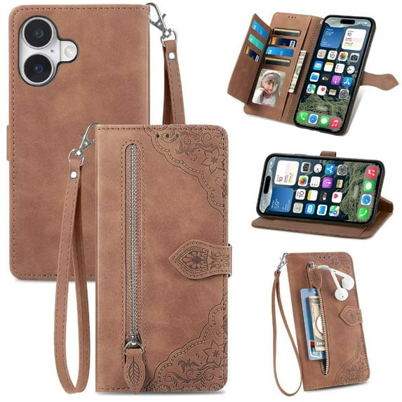 for iphone 16 6.1 inch Case, Wallet for Women Men, Durable PU Leather Magnetic Flip Lanyard Strap Wristlet Zipper Card Holder Wallet Phone Case for iphone 16