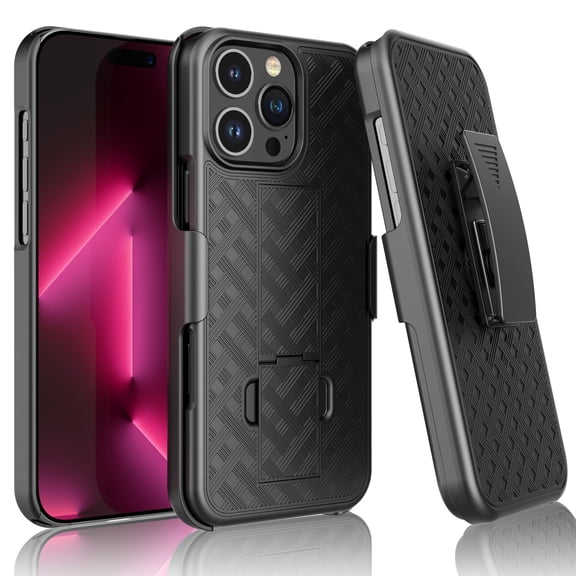 For iphone 16 Pro Max Case, Phone Case with Holster Belt Clip & Kickstand Cover for iphone 16 Pro, Ebizware Holster Case Combo Shell Swivel Belt Clip Defender Shockproof Hard Cover - Black