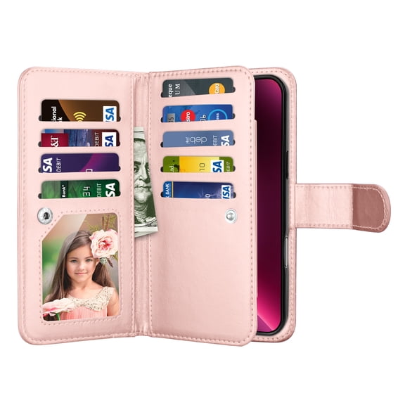 iphone 16 Pro Phone Case, Leather Wallet Case for Apple iphone 16 Pro, Ebizware Credit Card Cash Holder Folio Flip [Detachable] Kickstand Magnetic Cover & Lanyard for Women Men [Rose Gold]