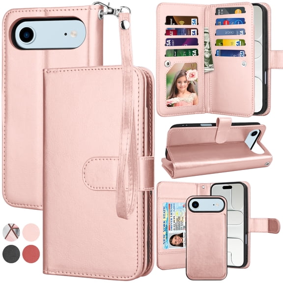 For iphone 17 Air Case Wallet with Card Holder, Lanyard and Kickstand for Women Men, Ebizware Magnetic Flip Detachable PU Leather Wallet Phone Case Cover for iphone 17 Air 6.5" - Rose Gold