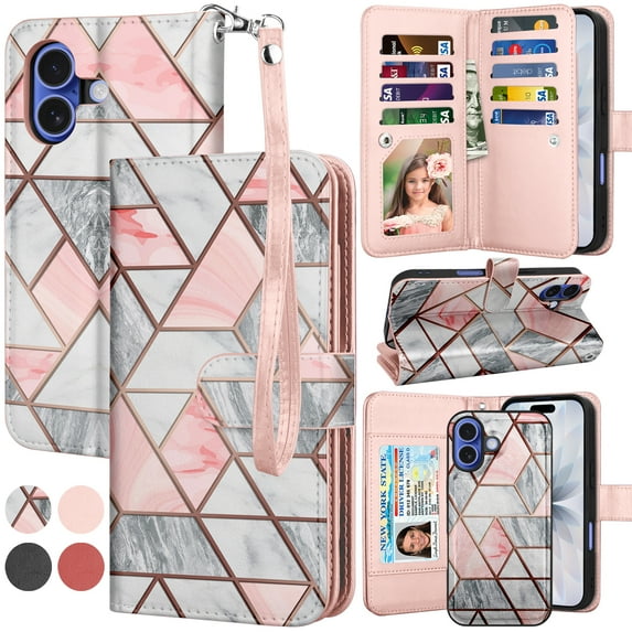 For iphone 17 Case Wallet with Card Holder, Lanyard and Kickstand for Women Men, Ebizware Magnetic Flip Detachable PU Leather Wallet Phone Case Cover for iphone 17 6.3" - Marble Pink