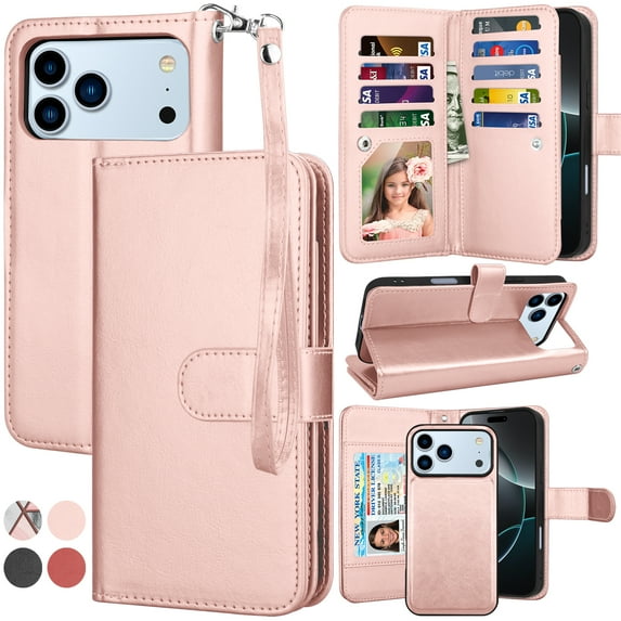 For iphone 17 Pro Max Case Wallet with Card Holder, Lanyard and Kickstand for Women Men, Ebizware Magnetic Flip Detachable PU Leather Wallet Phone Case Cover for iphone 17 Pro Max 6.9" - Rose