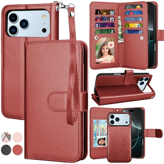 For iphone 17 Pro Max Case Wallet with Card Holder, Lanyard and Kickstand for Women Men, Ebizware Magnetic Flip Detachable PU Leather Wallet Phone Case Cover for iphone 17 Pro Max 6.9" - Wine