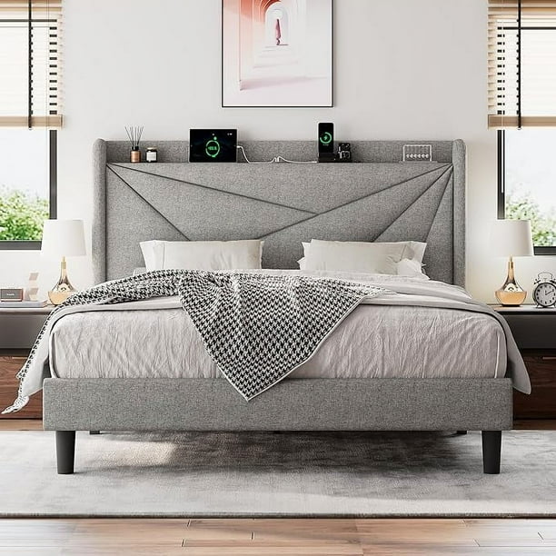 ipormis Full Size Bed Frame with Charging Station ,Upholstered