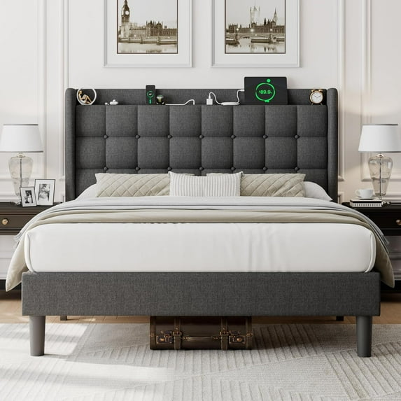 ipormis Full Size Bed Frame with Charging Station,Upholstered Platform Bed Frame with Wingback Storage Headboard, No Box Spring Needed, Dark Grey