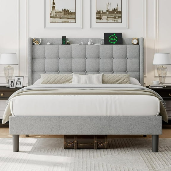 ipormis Full Size Bed Frame with Charging Station，Upholstered Platform Bed Frame  with Wingback Storage Headboard, No Box Spring Needed,Light Grey