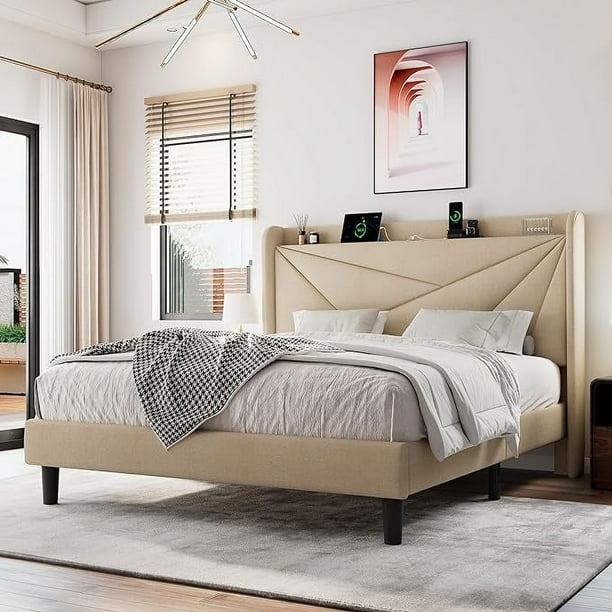 ipormis Queen Size Bed Frame with Charging Station ,Upholstered