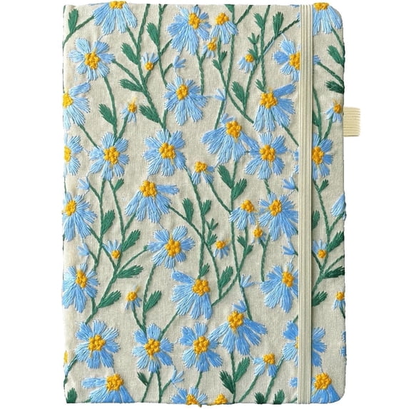 ipoul A5 Notebook, Embroidered Flower Journal, 8"x6", Hardcover, Lay Flat, Lined, Wide Ruled, Pretty, Daisy Gifts for Women, Blue
