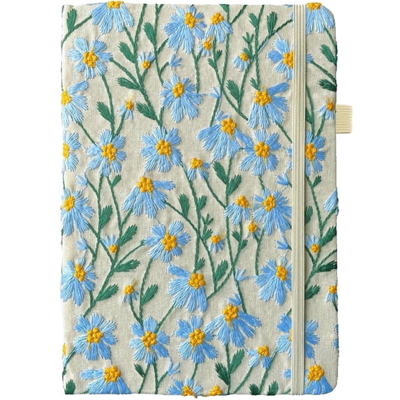 ipoul A5 Notebook, Embroidered Flower Journal, 8"x6", Hardcover, Lay Flat, Lined, Wide Ruled, Pretty, Daisy Gifts for Women, Blue
