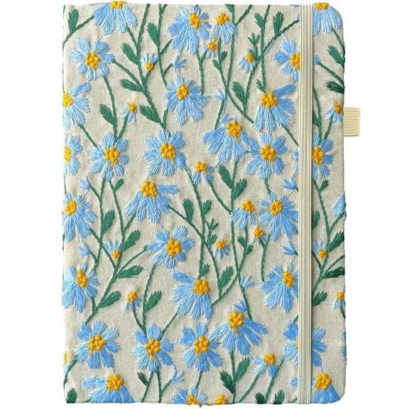 ipoul A5 Notebook, Embroidered Flower Journal, 8"x6", Hardcover, Lay Flat, Lined, Wide Ruled, Pretty, Daisy Gifts for Women, Blue
