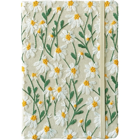 ipoul Daisy Gifts, Embroidered Floral Notebook, A5, 8"x6", Lined Paper, Hardcover, Lay Flat, Pretty Journal for Women, White