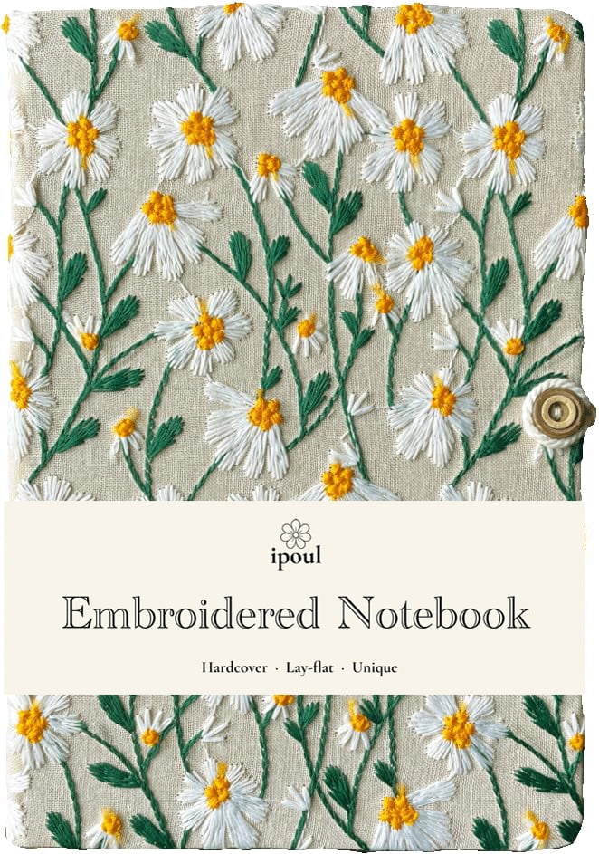 ipoul Grid Notebook, Hardcover, Lay Flat, A5, 8"x6", Squared Paper, Cute Journal for Women, Daisy Gifts, White