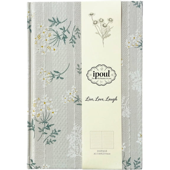 ipoul Floral Journal for Women, Flower Notebook, A5, Ruled Paper, Hardcover, Lay Flat, Beige