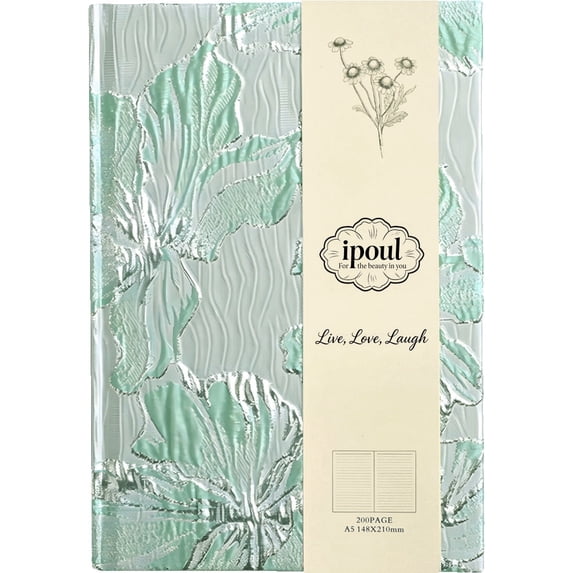 ipoul Flower Notebook, Hardcover, Lay Flat, A5, 6x8, Wide Ruled Pages, Writing Journal for Women, Pretty Notebook, Lily Gifts, Green