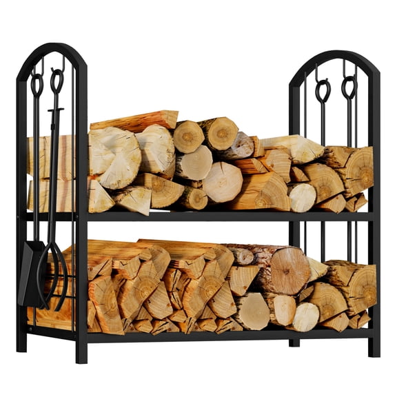 Fire Beauty Fireplace Firewood Log Rack 5-Piece Storage Logs Holder with Tools Set with 4 Tools Set Fireside Holders Wood Lumber Storage Stacking Black