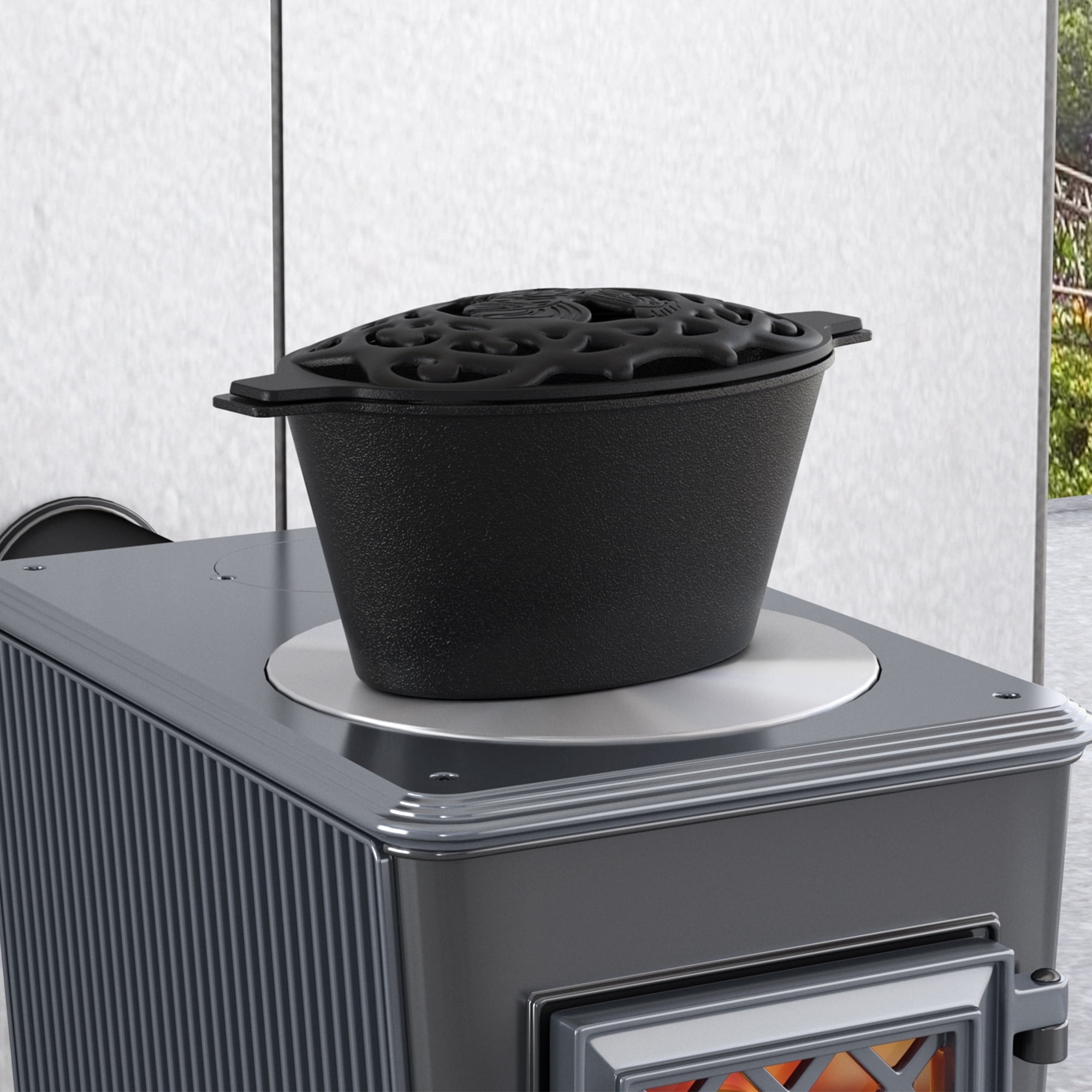 FireBeauty Cast Iron Wood Stove Steamer – 2.3 Quart Rust-Resistant Humidifier with Lattice Top – Chicken Design for Home Heating & Aromatherapy