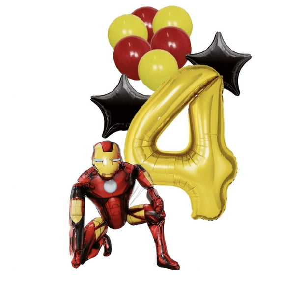iron man superhero balloon airwalker red and gold decoration, happy birthday kids party number 4 years