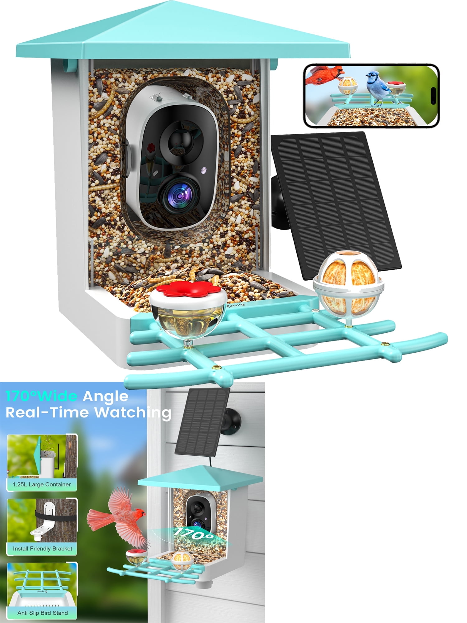 isYoung Bird Feeder with Camera, Smart Bird Camera with Solar Panel, AI Identify 16000+ Species, Automatic reminder recording, Ideal Gift