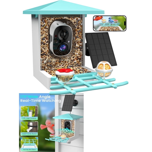 isYoung Bird Feeder with Camera, Smart Bird Camera with Solar Panel, AI Identify 16000+ Species, Automatic reminder recording, Ideal Gift