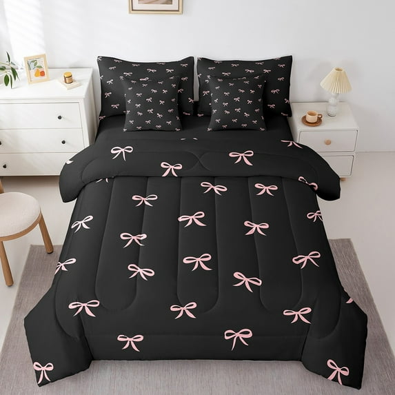 ish Pink Bow Comforter Set for Room Decor,Lovely Hand Drawn Bedding Set Full Size 7 Pcs,Geometric Bowknot Bed in a Bag with Comforter, Sheets, Pillowcases & Cushion Cover