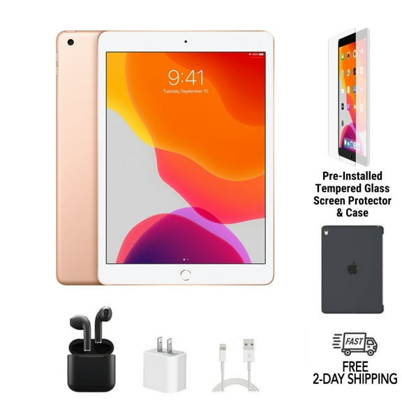 Pre-Owned Apple iPad 7th Gen A2200 (WiFi + Cellular Unlocked) 32GB Gold Bundle with Case, Wireless Earbuds, Tempered Glass Screen Protector