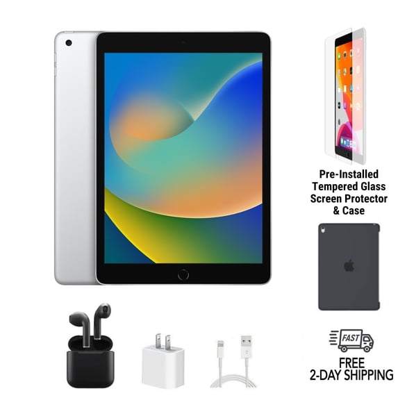 Pre-Owned Apple iPad 9th Gen A2602 (WiFi) 256GB Silver Bundle with Case, Wireless Earbuds, Tempered Glass Screen Protector