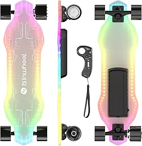 isinwheel Electric Skateboard with Remote, 500W Peak Power, 15 Miles Max Range, 12 MPH Top Speed, 264Lbs Max Load, Electric Longboard for Teens with Ambient Light