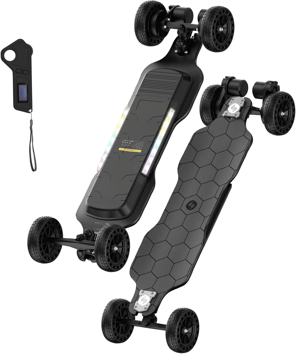 isinwheel Off Road Electric Skateboard with Remote, 3000W/1200W Brushless Motor, 32/30 Mph Top Speed & 28/12 Miles Range, Electric Longboard for Adults with Ambient Light