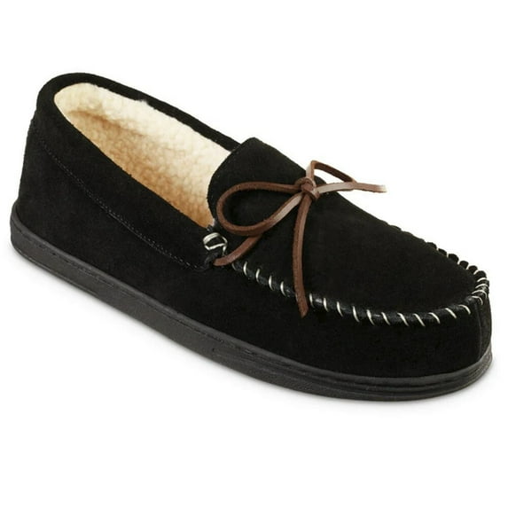 isotoner Men's Genuine Suede Moccasin Slippers - 92338 (Black, M)