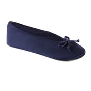 isotoner Womens Classic Stretch Satin Ballerina Slippers with Bow Tie and Leather Sole, Navy Blue, 9.5-10.5