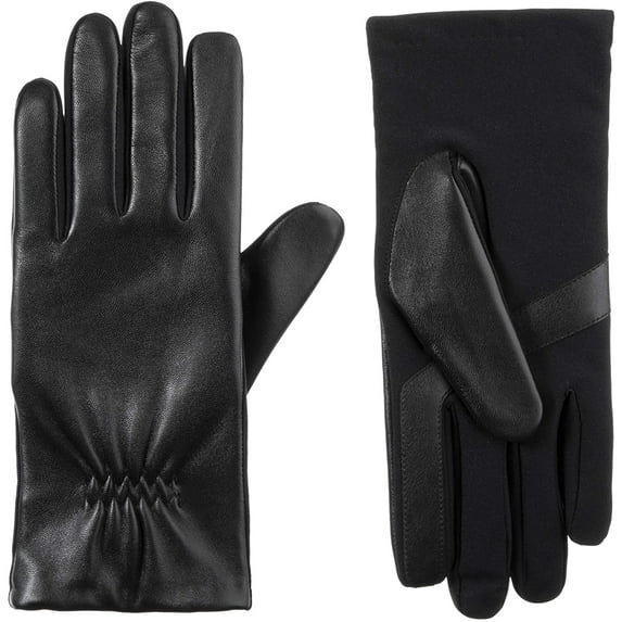 isotoner Women's Classic Stretch Leather Touchscreen Cold Weather Gloves, Fleece Lining Small-Medium Black