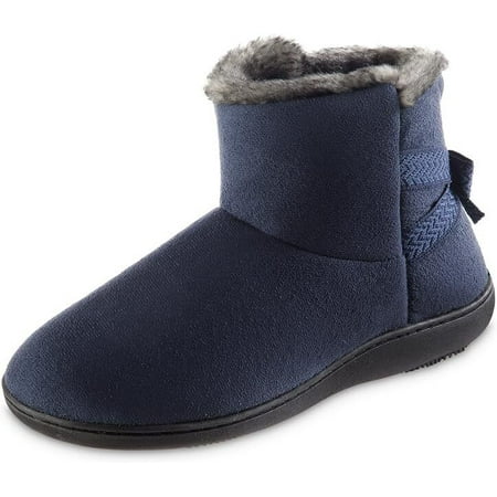 isotoner Women's Microsuede Mallory Bootie Slippers with Bow, Navy Blue, 8.5-9 - 8184