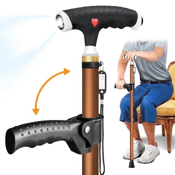 ispuoocti Adjustable Walking Cane for Men and Women with 2nd Handle for Extra Support, Stylish Cane with LED Light, Suitable for Seniors and People Suffering from Different Types of Arthritis (Brown)