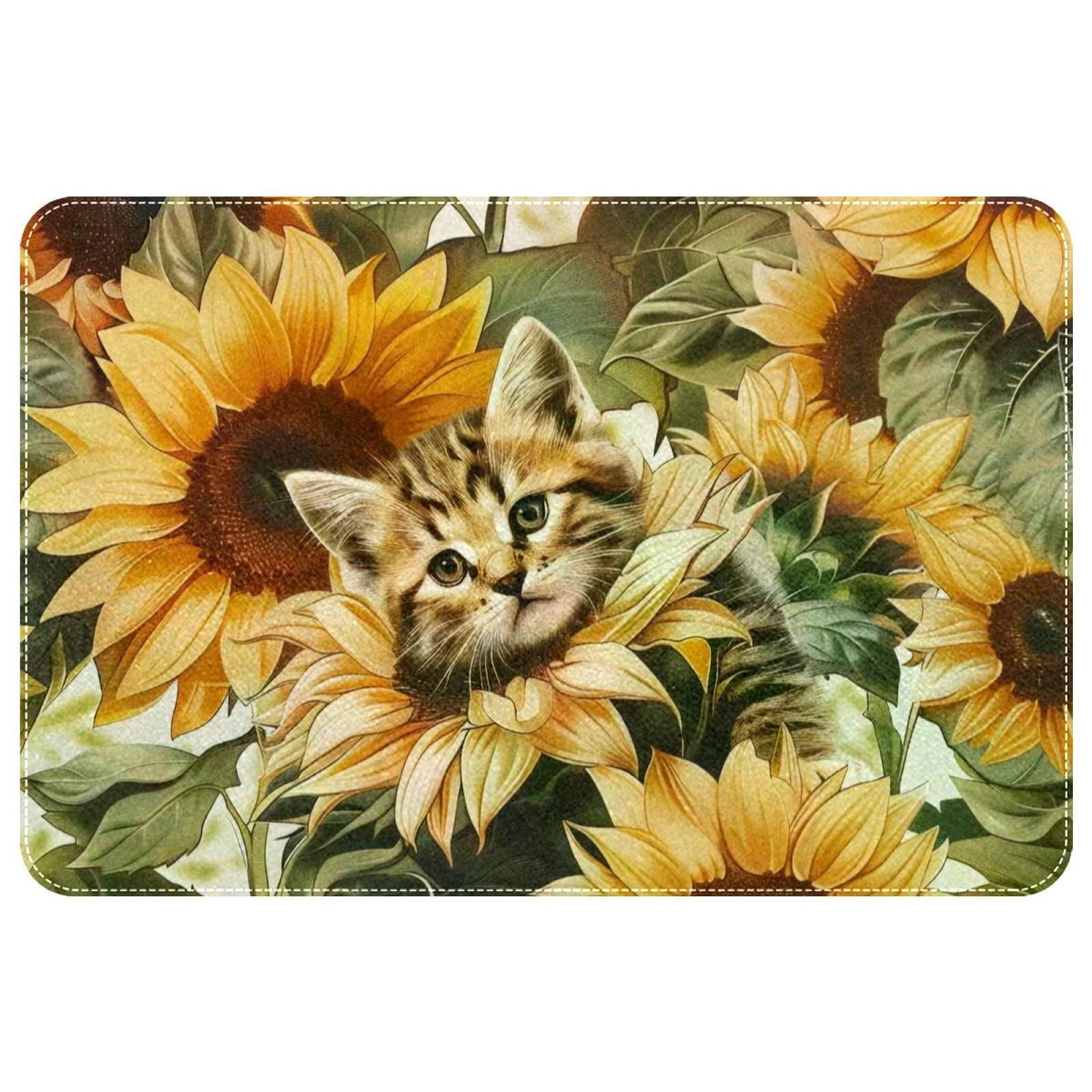 itdsatrgt Kitten Sunflowers Pattern Indoor Door Mat, NonSlip Absorbent